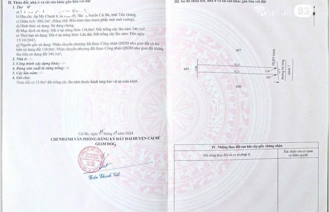 Đất thổ cư 456m² tại ấp Mỹ Chánh 4, Cái Bè - Giá chỉ 600 triệu!