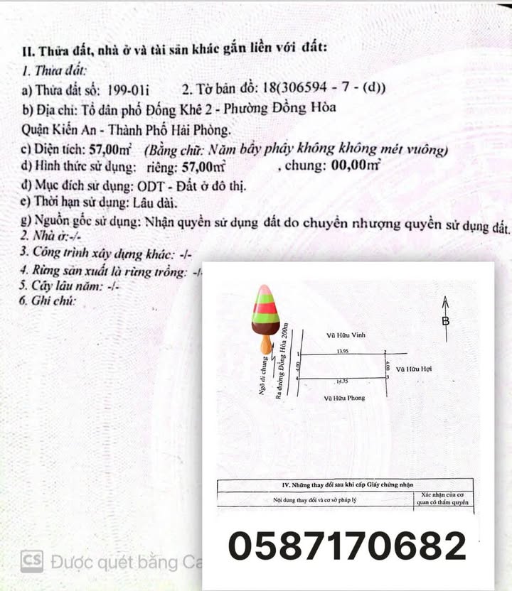 Đất thổ cư 57m² tại đường nhựa Đồng Hoà, Kiến An - Giá 2 tỷ, chính chủ bán gấp!
