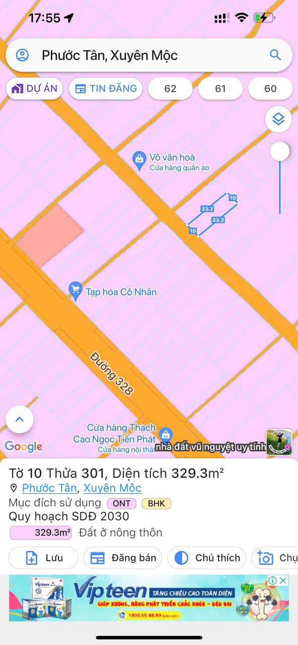 Đất nền Phước Tân - Xuyên Mộc 330m² giá 2.1 tỷ - Mặt tiền đường nhựa rộng rãi!