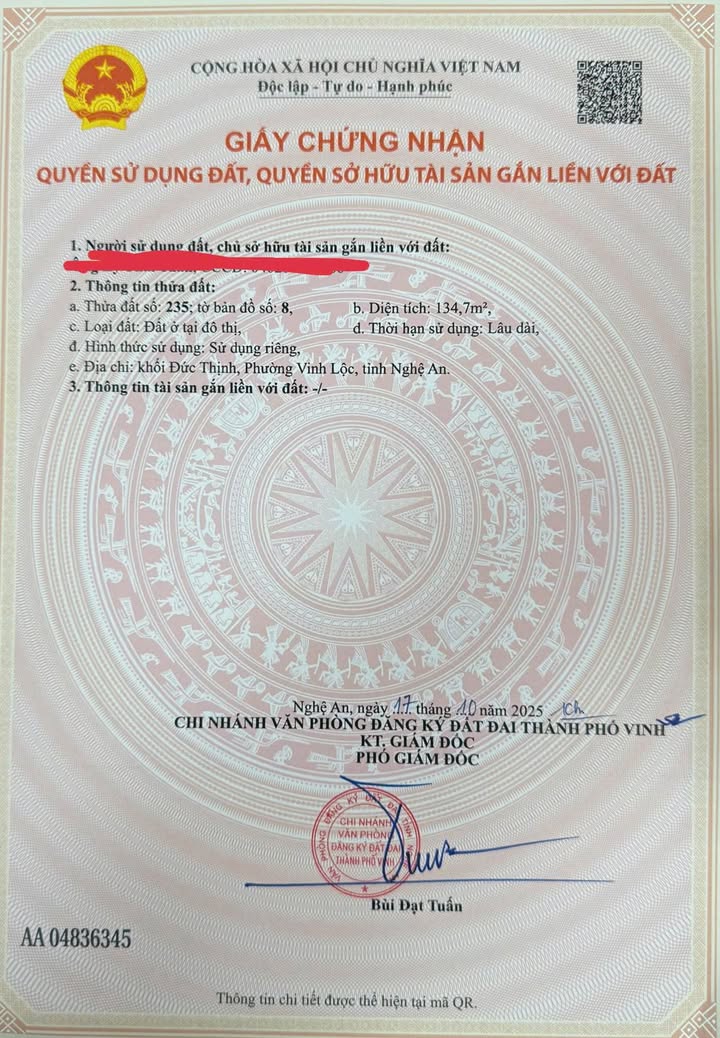 Đất nền Hưng Lộc Vinh 134.7m² giá 3.15 tỷ - Vị trí trung tâm, giao thông thuận tiện!