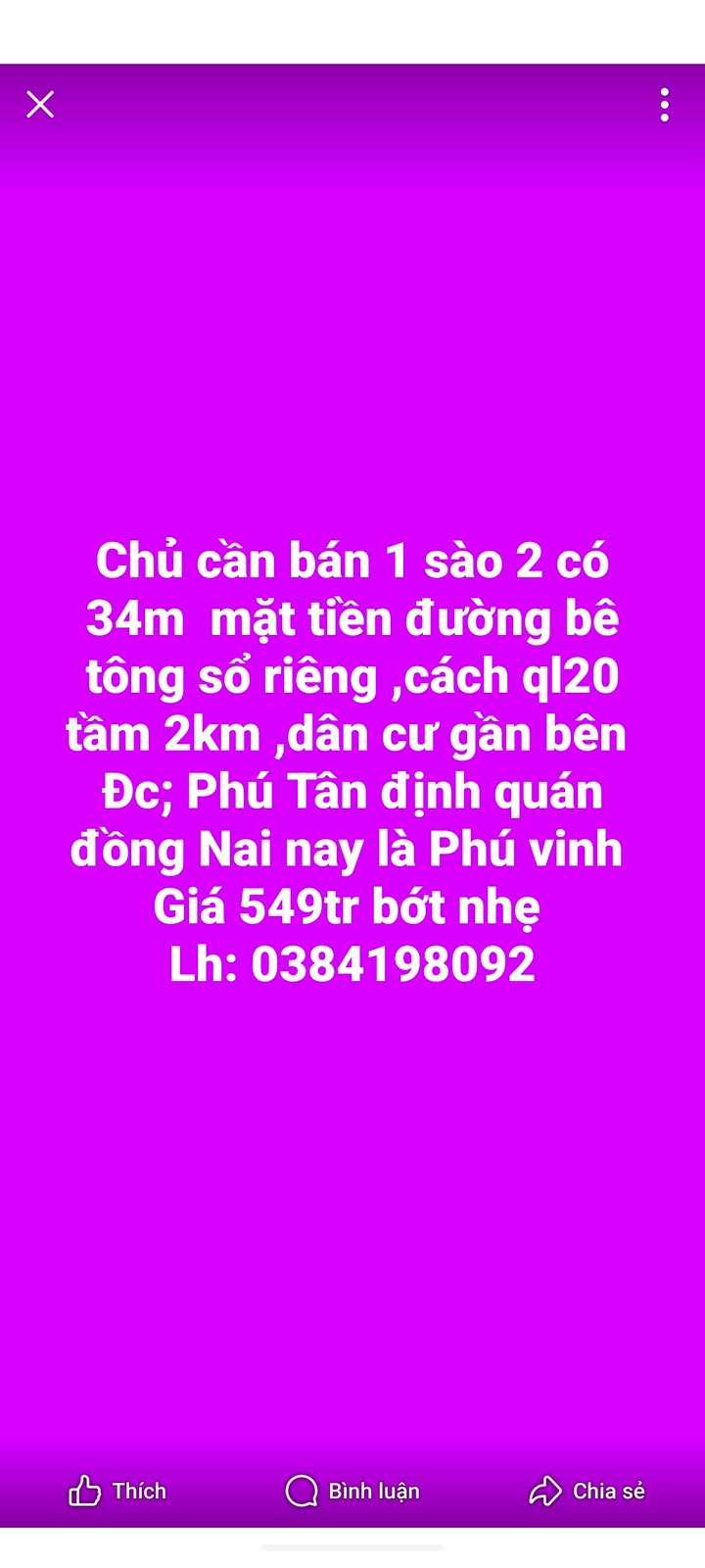 Đất nền 1200m² Định Quán, Đồng Nai - Mặt tiền 34m, giá chỉ 549 triệu!