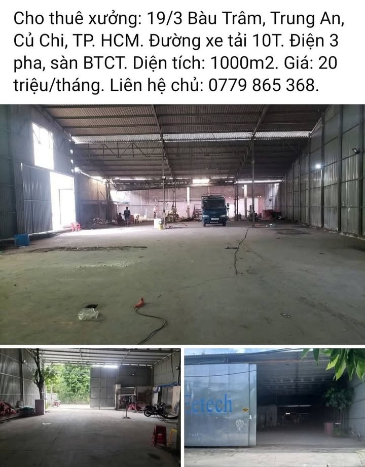 Cho thuê xưởng 1000m² tại Củ Chi - Giá chỉ 20 triệu/tháng!
