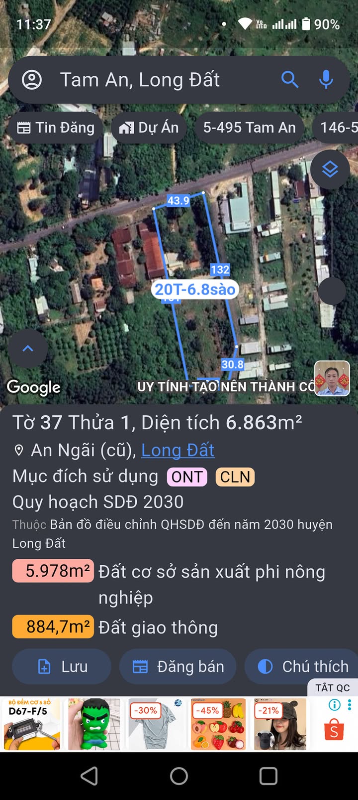 Đất thổ cư An Ngãi, Long Điền 6860m² giá 20 tỷ - Đầu tư sinh lời ngay!