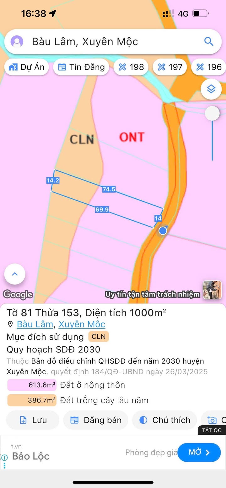 Đất nền thổ cư Bàu Lâm 1000m² giá 700 triệu - Cơ hội đầu tư tuyệt vời!
