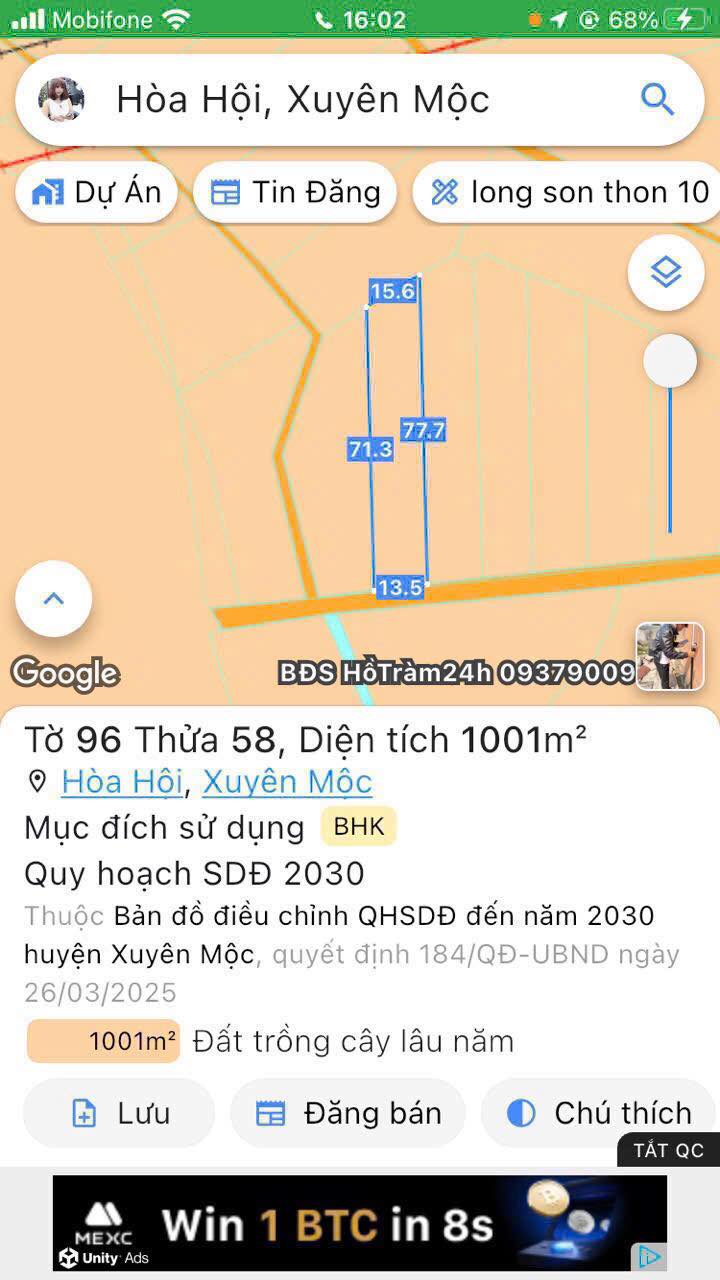 Đất nền Hòa Hội, Xuyên Mộc 1000m² giá 620 triệu - Cơ hội đầu tư tuyệt vời!