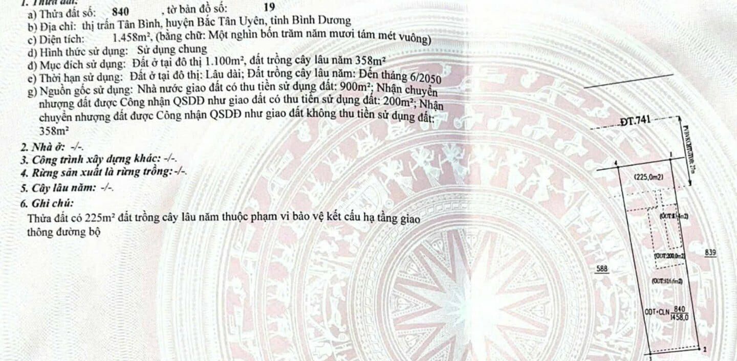 Đất nền 1458m² tại ĐT741, Bắc Tân Uyên - Pháp lý rõ ràng, giá 23 tỷ - Cơ hội đầu tư tuyệt vời!