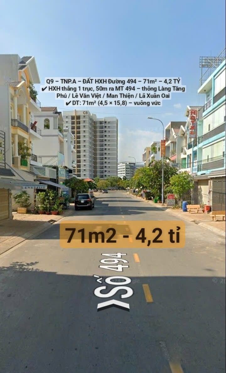 Đất nền đường 494, phường Tăng Nhơn Phú A, 71m² giá 4,2 tỷ - Sổ hồng riêng chính chủ!