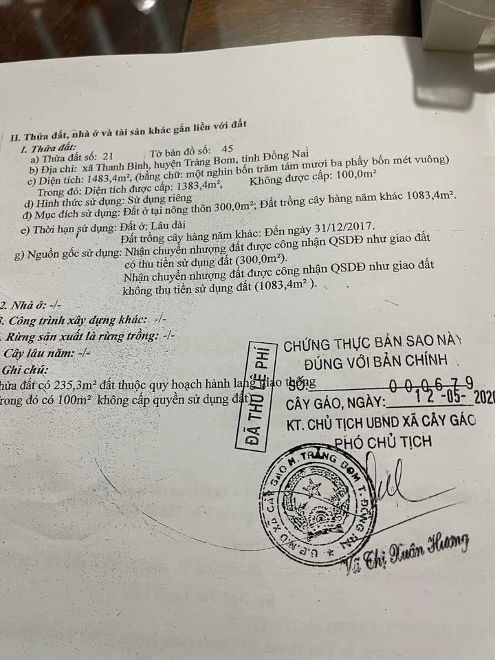 Đất mặt tiền xã Bàu Hàm, Trảng Bom, Đồng Nai 1200m² giá 13 tỷ - Cơ hội đầu tư tuyệt vời!