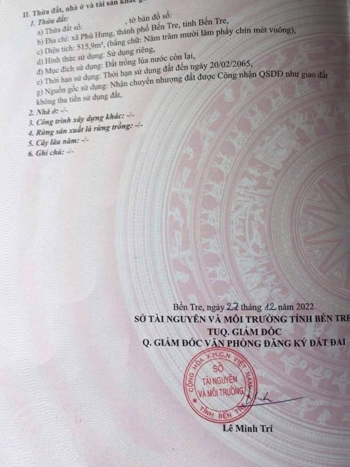 Đất nền Phú Khương Bến Tre 517m² giá 877 triệu - Sổ hồng chính chủ!