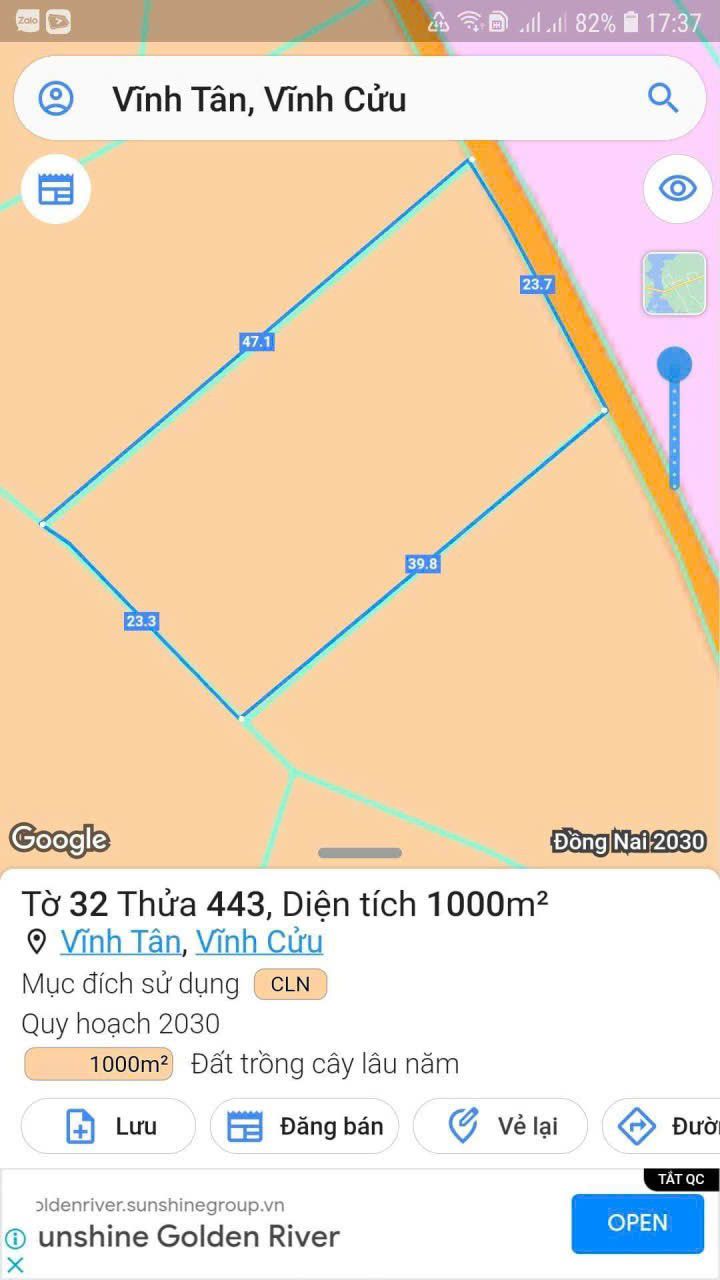 Đất cây lâu năm 1000m² Vĩnh Tân, Vĩnh Cửu - Giá chỉ 1.05 tỷ