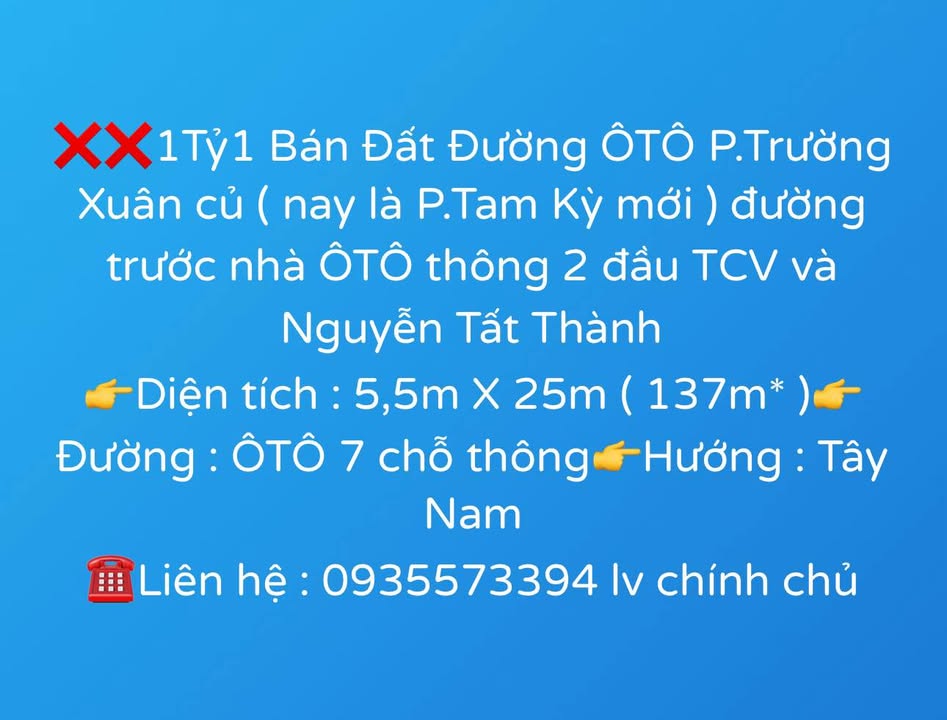 Đất nền đường ô tô Trường Xuân 137m² giá 1.1 tỷ - Cơ hội đầu tư tốt!