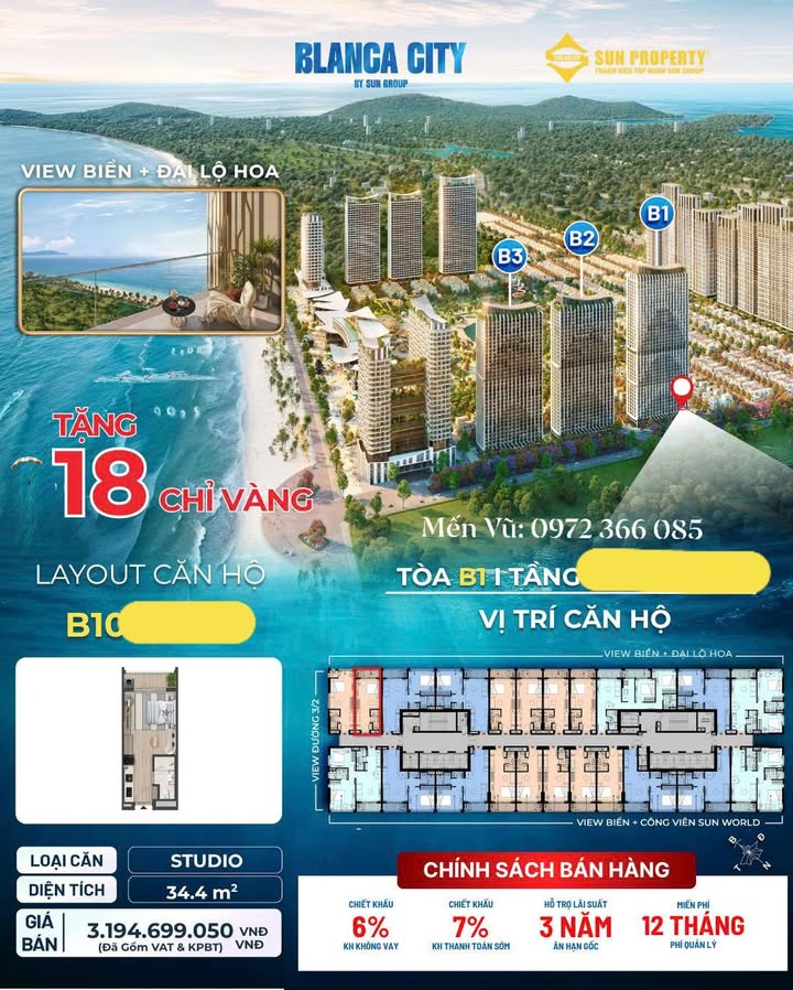 Căn hộ Studio Blanca City Vũng Tàu 34m² giá 3.19 tỷ - View biển đẳng cấp!
