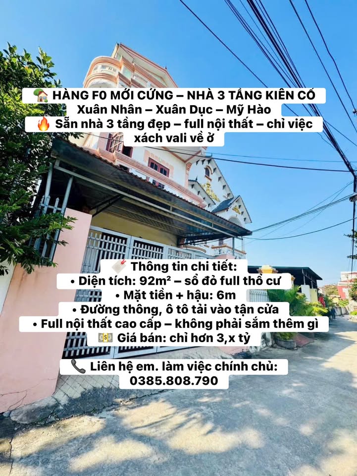 Nhà 3 tầng Xuân Nhân - Mỹ Hào 92m² giá 3 tỷ - Full nội thất, sẵn ở ngay!