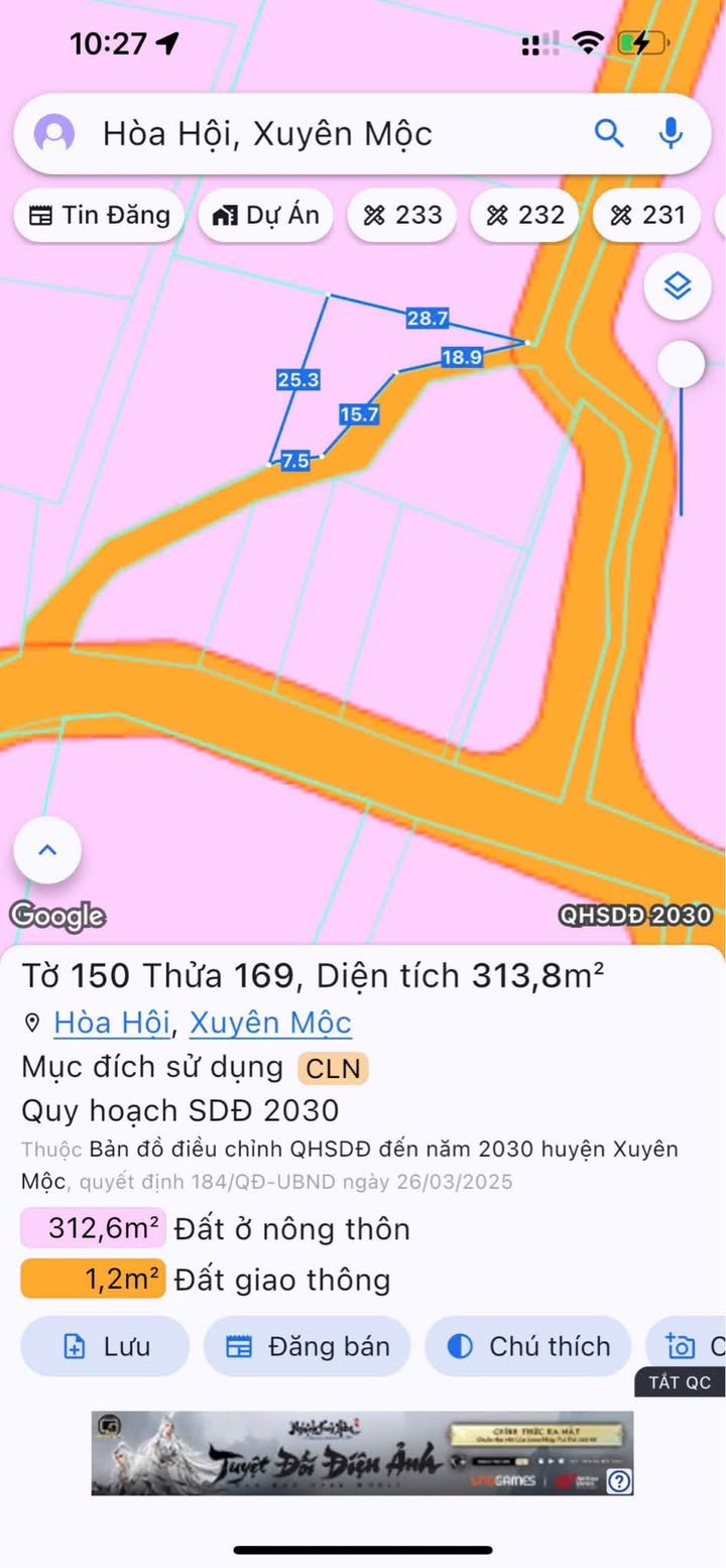 Đất Hòa Hội Xuyên Mộc 314m² giá 400 triệu - Mặt tiền đường nhựa rộng rãi!