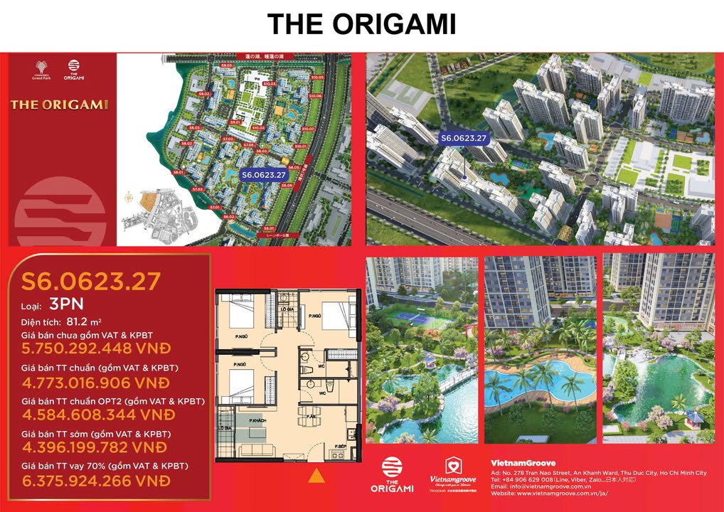 Căn hộ 3PN The Origami Quận 9, 81.2m² giá 4.396 tỷ - Sống chuẩn Nhật giữa lòng thành phố!
