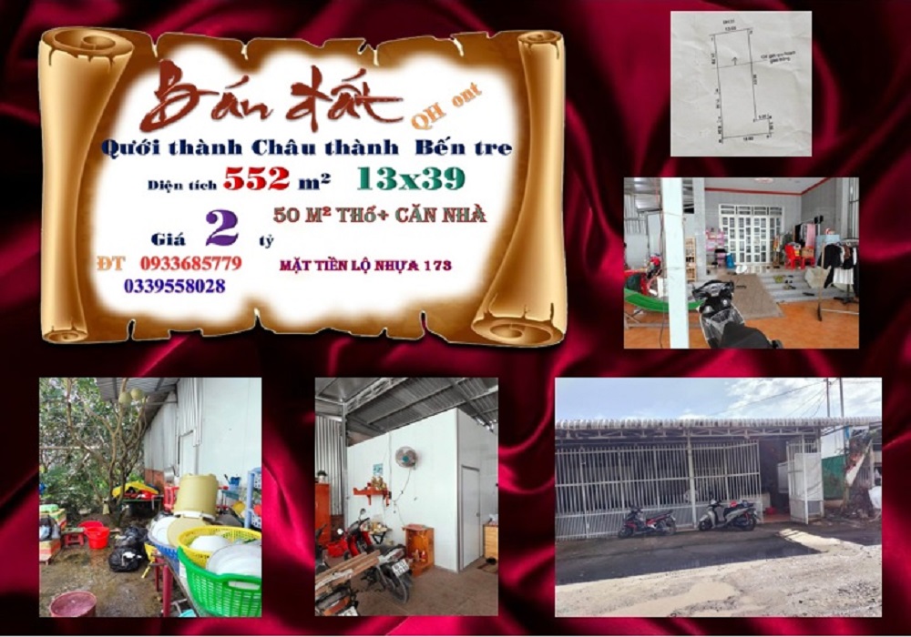 Đất thổ cư Quới Thành Châu Thành Bến Tre 552m² giá 2 tỷ - Mặt tiền lộ nhựa