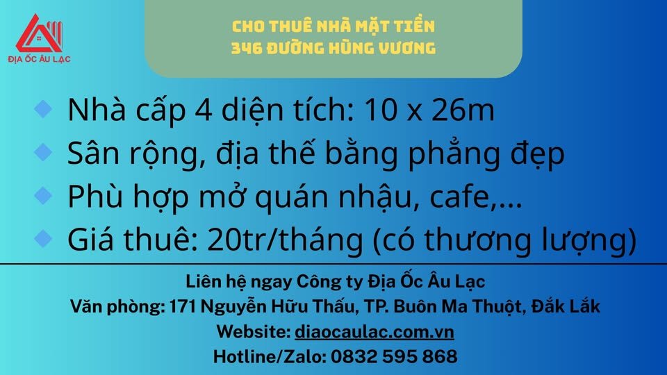 Cho thuê mặt tiền kinh doanh tại Buôn Ma Thuột 346 Hùng Vương giá 20 triệu - Vị trí đắc địa cho mọi loại hình kinh doanh!