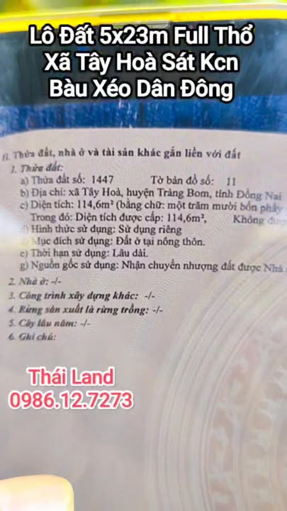 Đất nền 115m² xã Tây Hòa, Trảng Bom - Sổ đỏ chính chủ, giá thỏa thuận!