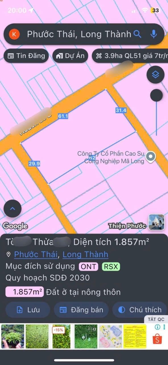 Đất nền Phước Thái, Long Thành 1850m² giá 20 tỷ - Đầu tư sinh lời lý tưởng!