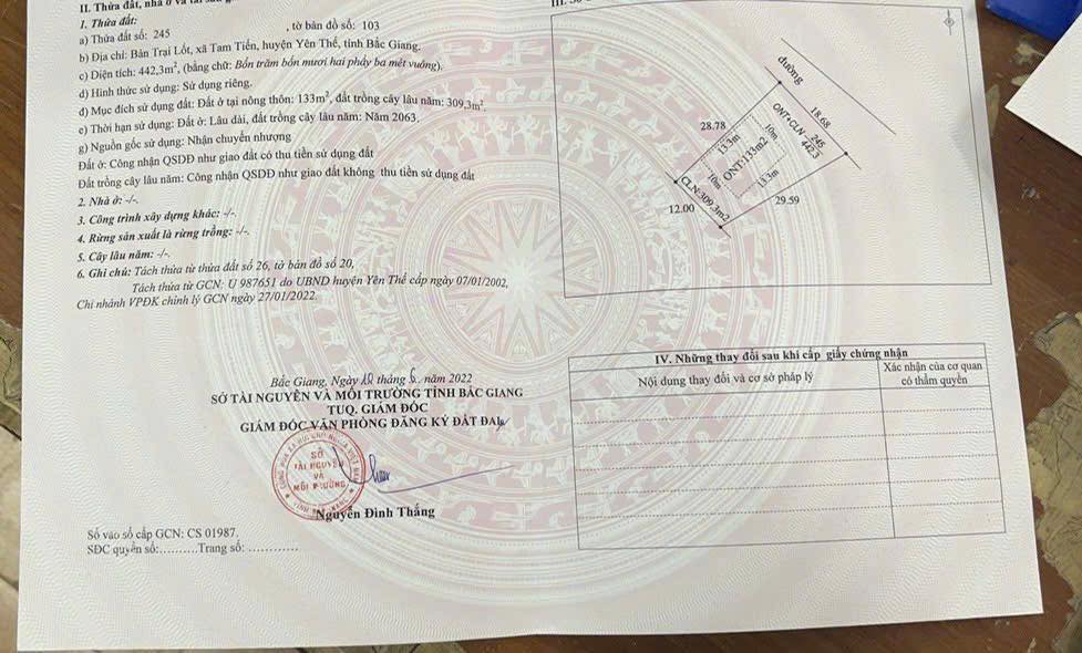 Đất thổ cư Trại Lốt, Tam Tiến, Yên Thế 442m² giá chỉ 5xx triệu - Cơ hội đầu tư tốt!