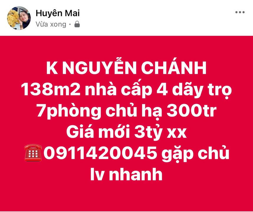 Nhà cấp 4 đường Nguyễn Chánh, 138m² giá 3 tỷ - Cơ hội đầu tư hiếm có!