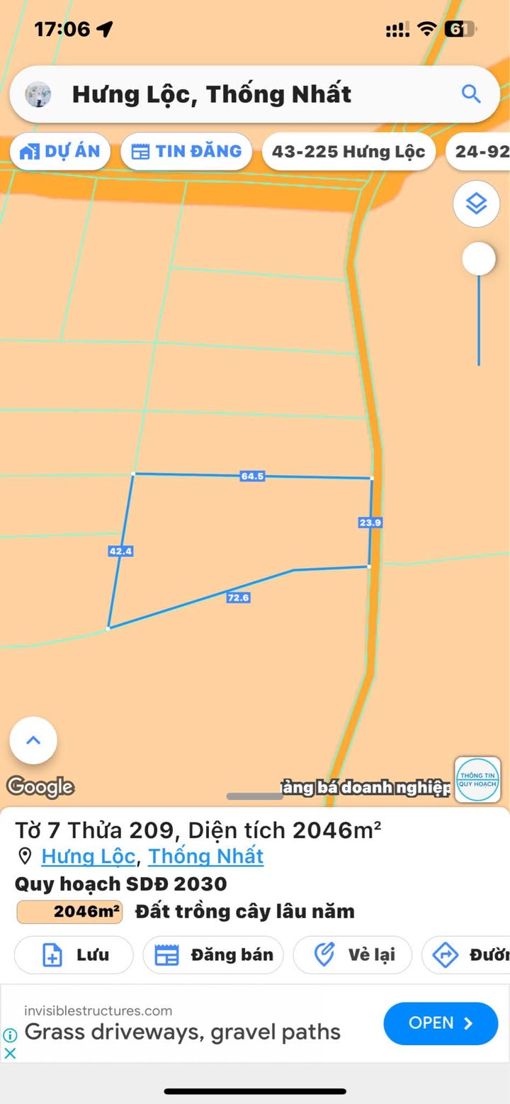 Đất nền Hưng Lộc, Thống Nhất 720m² giá 1.656 tỷ - Mặt tiền đường đá mi ô tô vào tận nơi!