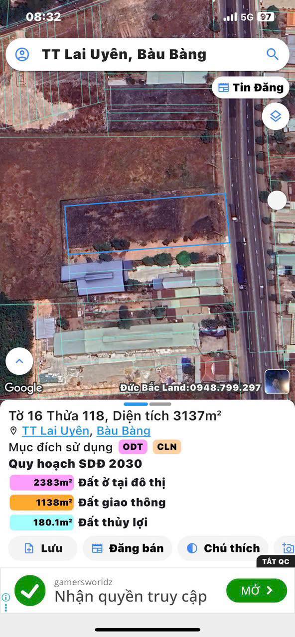 Đất nền Thị trấn Lai Uyên, Bàu Bàng 3100m² giá 15 tỷ - Mặt tiền Quốc lộ 13 thuận tiện kinh doanh!