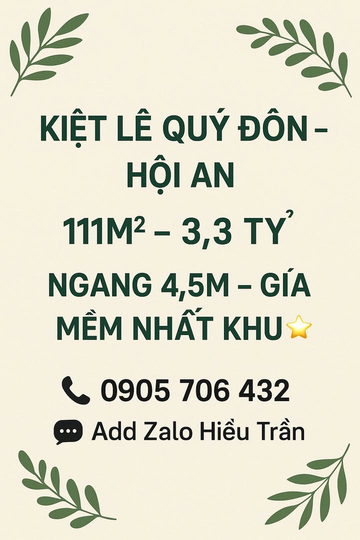 Đất nền Lê Quý Đôn Hội An 111m² giá 3.3 tỷ - Cơ hội đầu tư tuyệt vời!