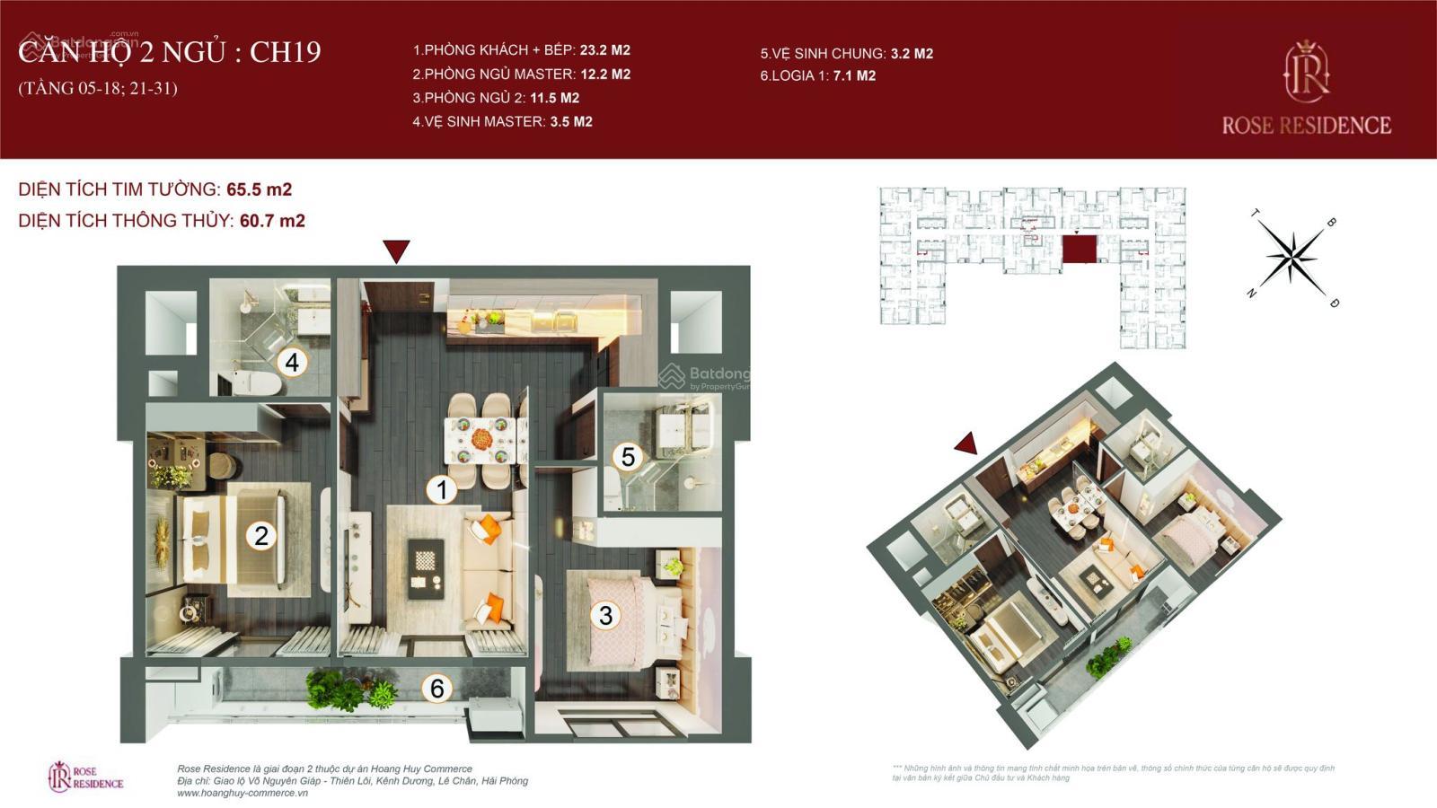 Căn hộ 2PN Rose Residence Hải Phòng 60.7m² chỉ 2,6 tỷ - Ban công Đông Nam đón gió mát!