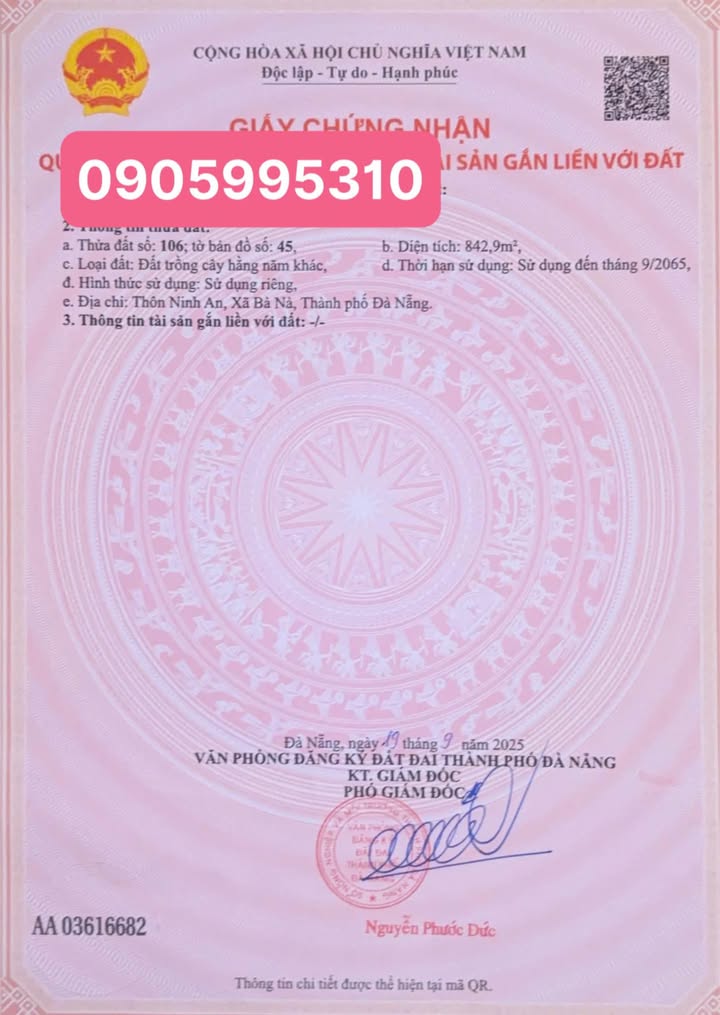 Đất trồng cây tại xã Bà Nà, huyện Hòa Vang, Đà Nẵng 843m² - Pháp lý sổ hồng rõ ràng!