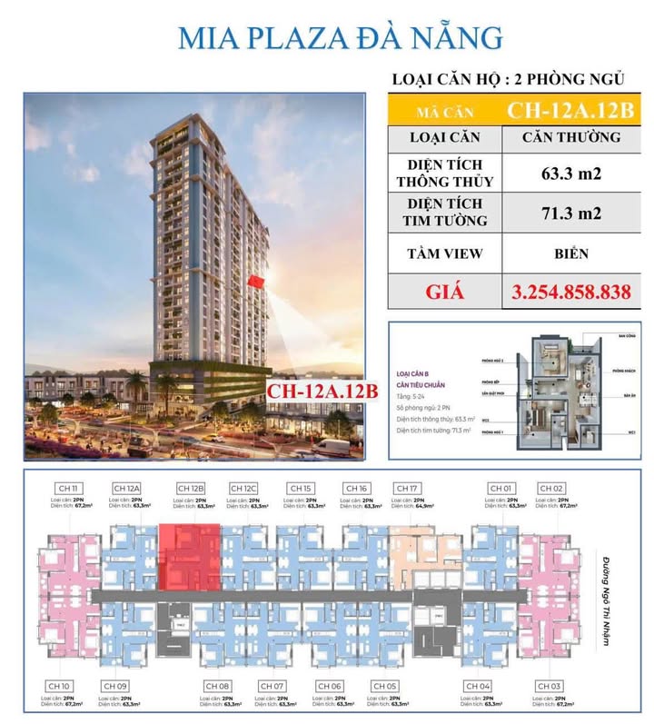 Căn hộ MIA PLAZA Đà Nẵng 63.3m² giá 3.254 tỷ - Không gian sống lý tưởng!