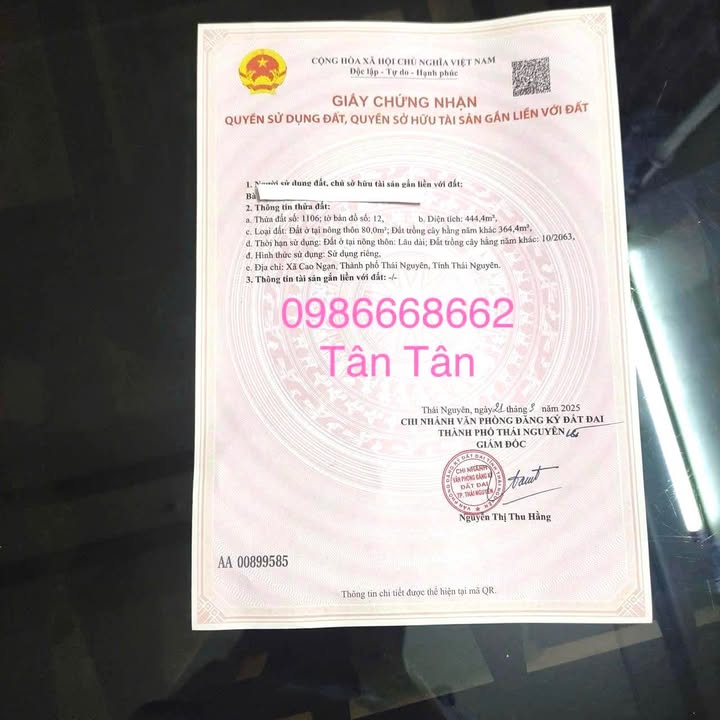 Đất thổ cư 444m² xã Cao Ngạn, Thái Nguyên - Mặt tiền rộng, giá tốt!