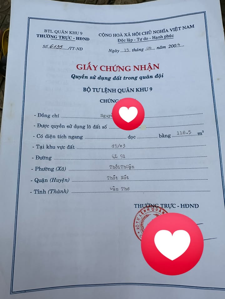 Đất Giấy Quân Đội Thới Thuận 118.5m² giá 550 triệu - Khu vực an ninh tốt