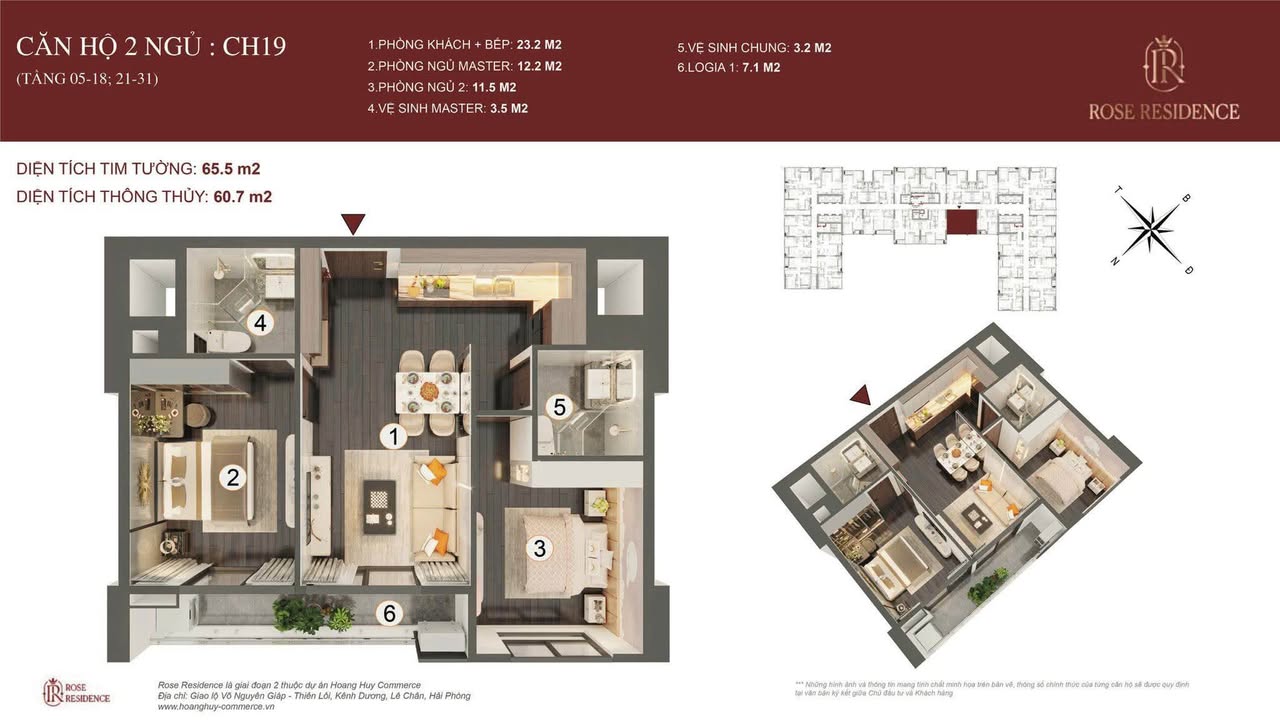Căn hộ Hoàng Huy ROSE 64m² giá 2.75 tỷ - Hướng Đông Nam, View Cầu Rào 2