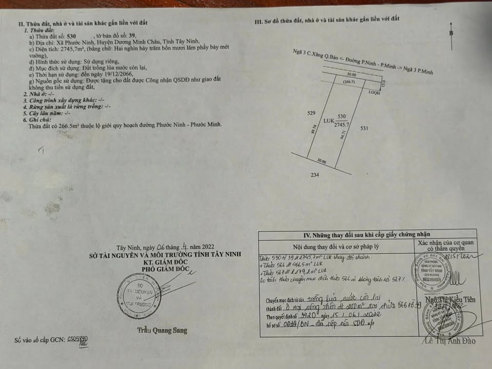 Đất nền mặt tiền đường nhựa xã Phước Ninh, Dương Minh Châu 2700m² giá 4.8 tỷ - Cơ hội đầu tư hấp dẫn!
