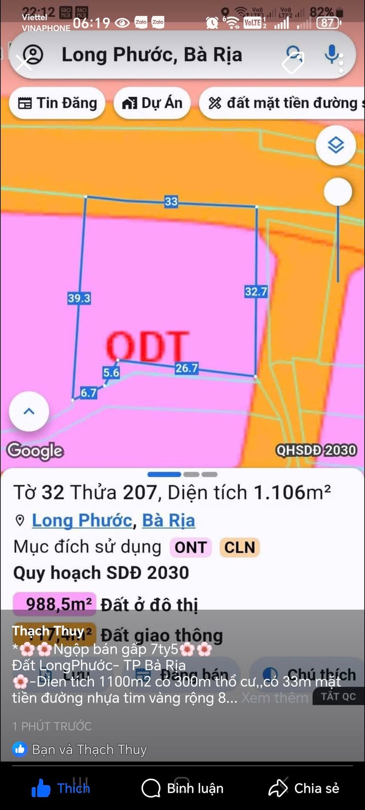 Đất Long Phước, TP Bà Rịa 1100m² giá 7.5 tỷ - Đầu tư sinh lời ngay!