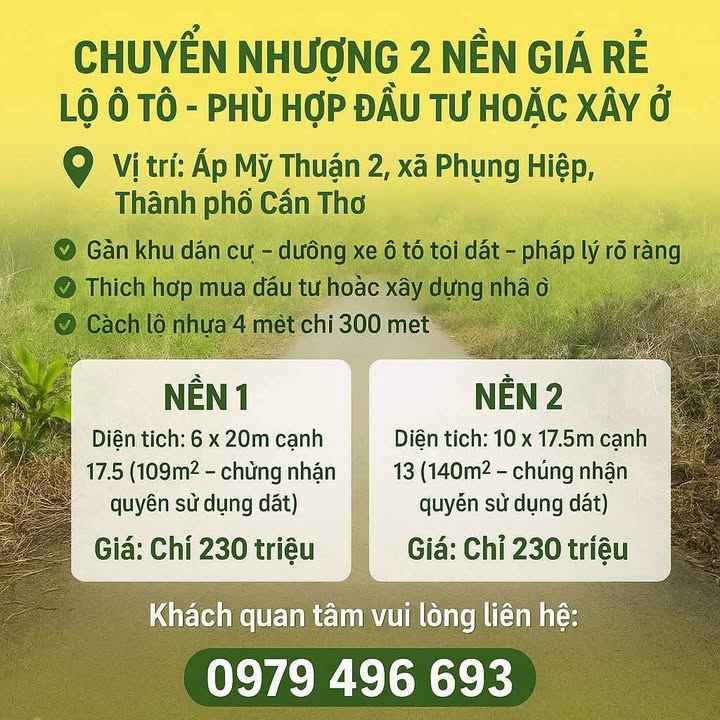 Đất nền ấp Mỹ Thuận 2, Hậu Giang 109m² giá chỉ 230 triệu - Đầu tư sinh lời!