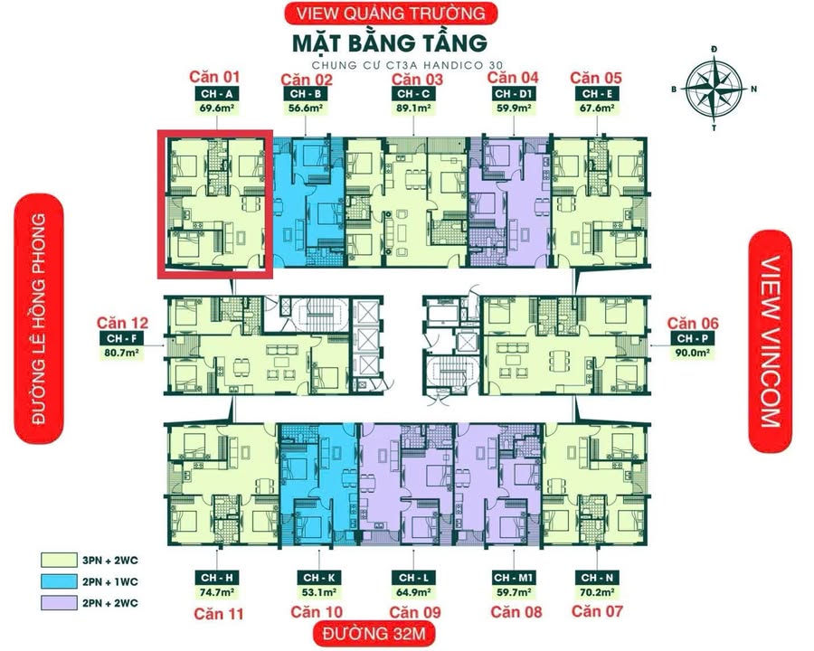Căn hộ chung cư Handico CT3A Vinh 69.6m² giá thỏa thuận - View độc đáo từ tầng 21!