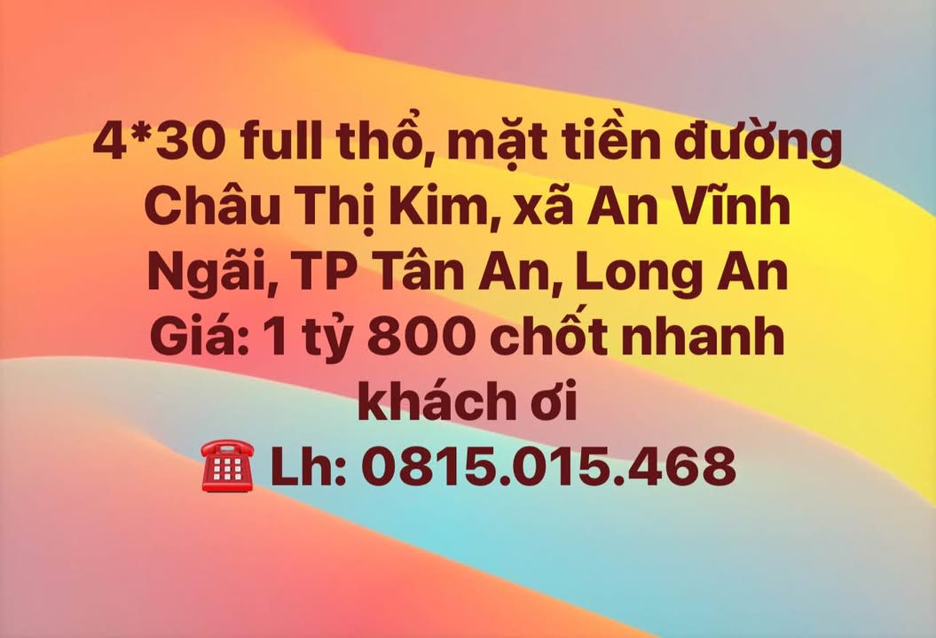 Đất nền mặt tiền đường Châu Thị Kim, Tân An 120m² giá 1.8 tỷ - Cơ hội đầu tư tuyệt vời!