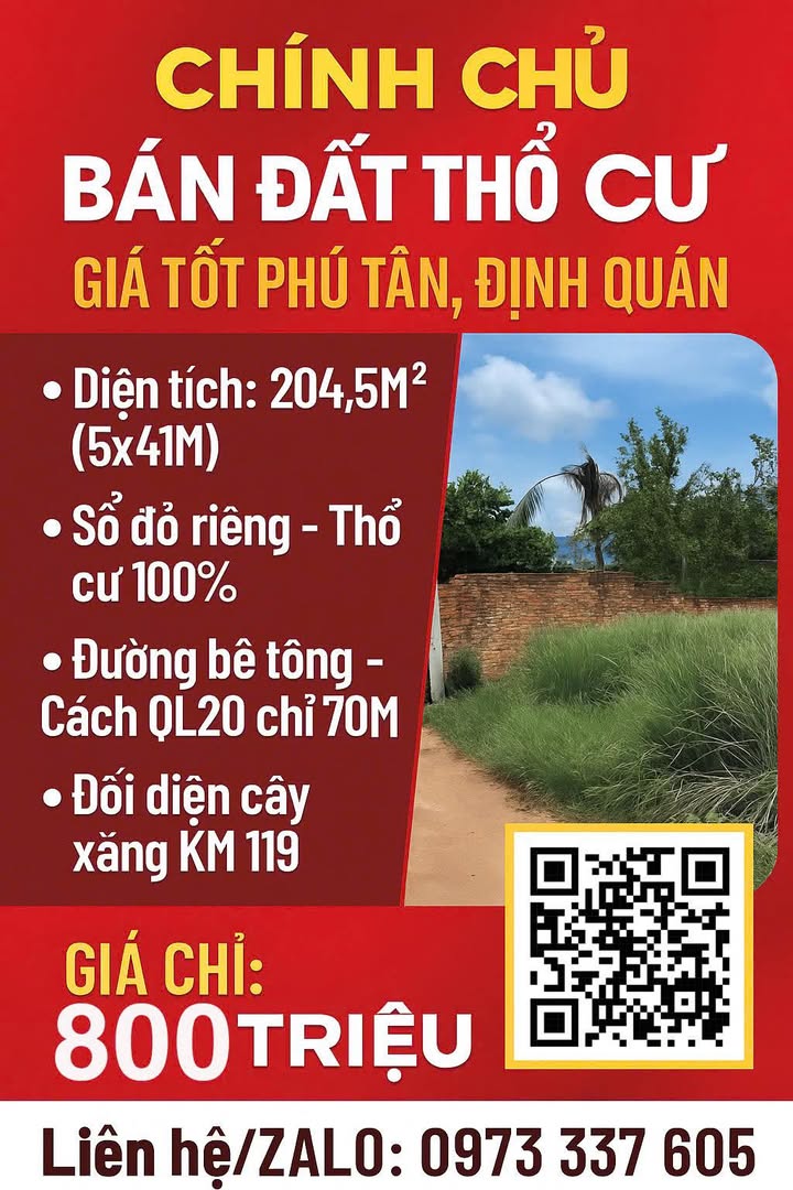 Đất thổ cư 204.5m² tại Định Quán, Đồng Nai - Giá chỉ 800 triệu, cơ hội đầu tư tuyệt vời!