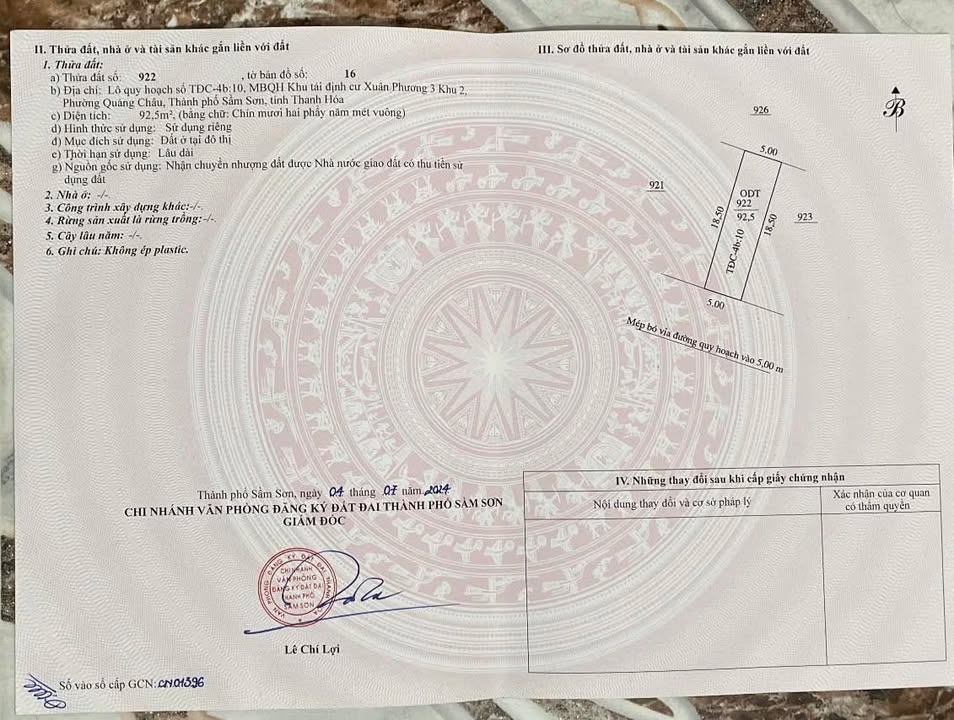 Đất nền dự án TĐC Xuân Phương 3, Sầm Sơn 92,5m² giá 2 tỷ - Cơ hội đầu tư hấp dẫn!