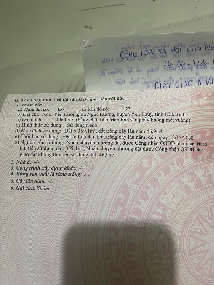 Đất thổ cư Ngọc Lương, Yên Thủy 406m² giá 500 triệu - Cơ hội cho cặp vợ chồng trẻ!
