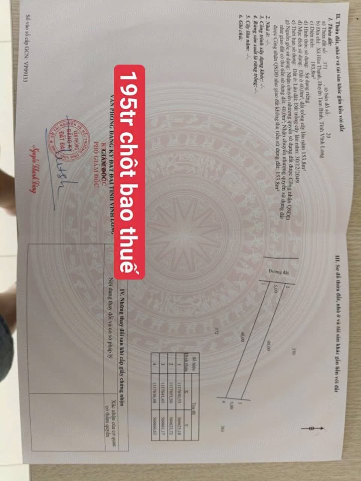 Đất nền Hòa Thạnh, Tam Bình 200m² giá chỉ 195 triệu - Đất đẹp, cơ hội vàng!