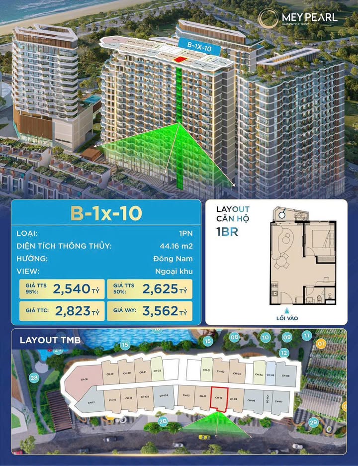 Căn hộ 1PN Meypearl Phú Quốc 44m² giá 2.54 tỷ - Sổ hồng vĩnh viễn!