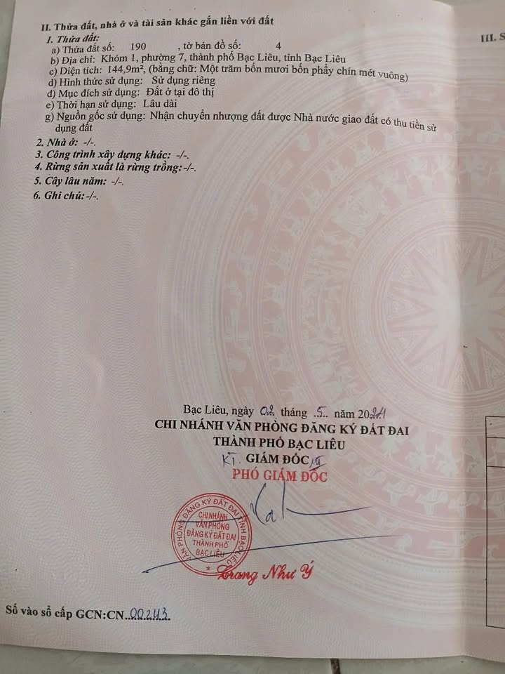 Đất nền KDC Tràng An Bạc Liêu 144m² giá chỉ 599 triệu - Cơ hội đầu tư hấp dẫn!