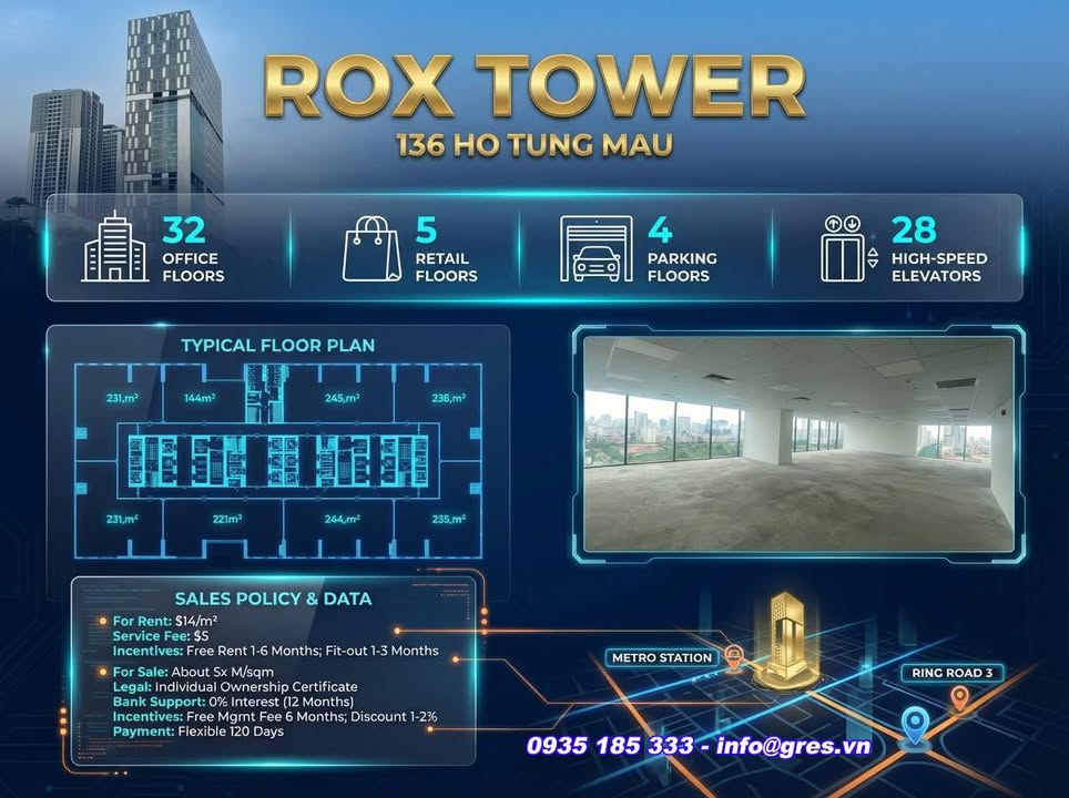 Cho thuê văn phòng ROX Tower 136 Hồ Tùng Mậu 32 tầng - Hạ tầng hiện đại, vị trí đắc địa!