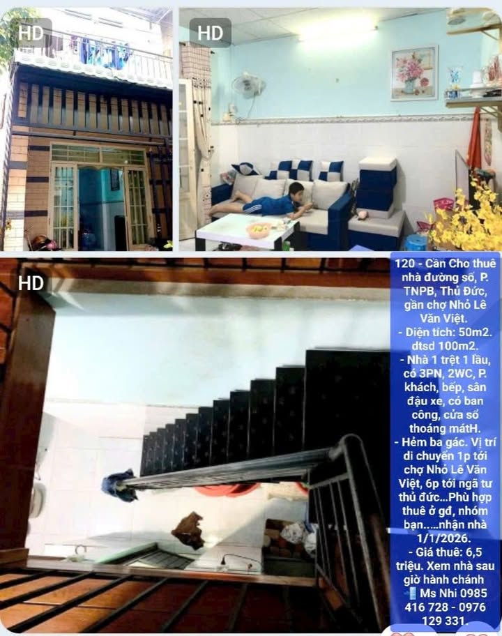 Nhà cho thuê đường Số, Thủ Đức 50m² giá 6.5 triệu - Phù hợp cho gia đình và nhóm bạn!