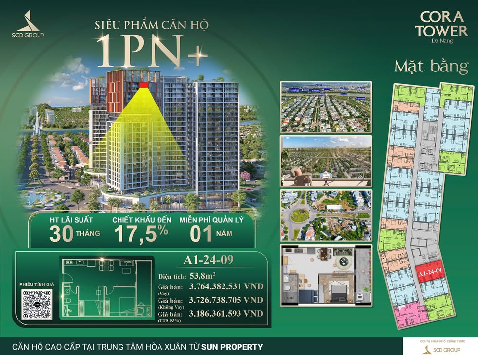 Căn hộ 1PN Cora Tower Đà Nẵng 53m² giá 3.726 tỷ - View cầu Hòa Xuân tuyệt đẹp!