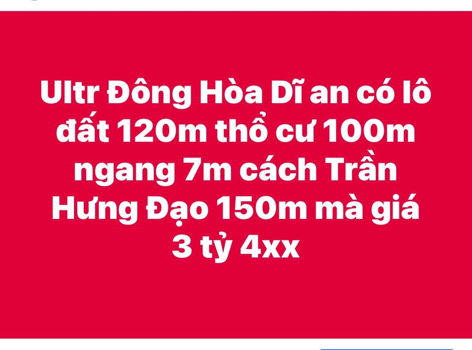 Đất nền phường Đông Hòa Dĩ An 120m² giá 3.4 tỷ - Cơ hội đầu tư tuyệt vời!