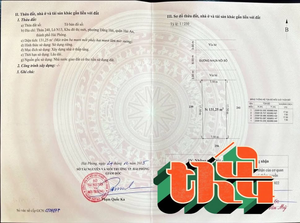 Đất nền khu BT Vườn Hồng Hải Phòng 131.25m² giá 7.6 tỷ - Hướng Bắc, đường rộng 12m!
